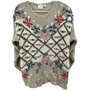Vintage Needles & Yarn Floral Sweater Pullover V Neck Crochet Knit Beige Small